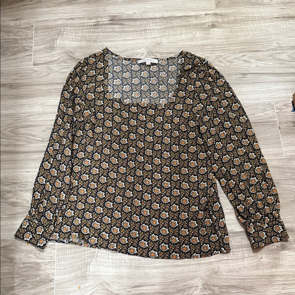 LOFT Black and Gold Floral Blouse Size M